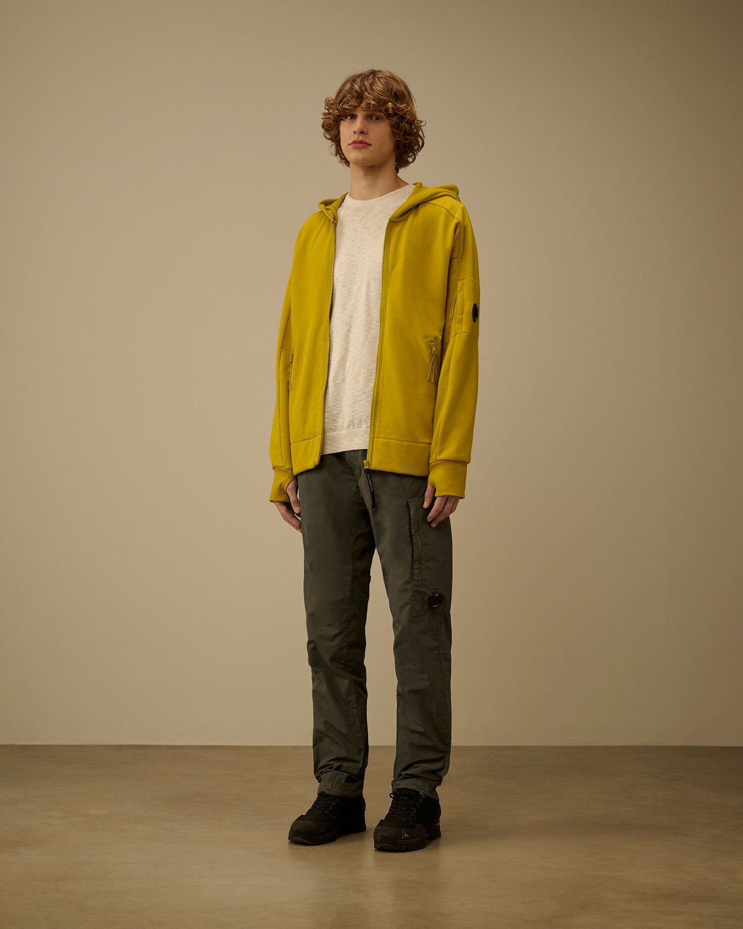 Diagonal Raised Fleece Zip Hooded Lens Sweatshirt, ANTIQUE MOSS -YELLOW