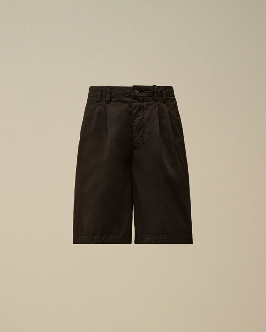 Cotton Gabardine Loose Pinces Shorts, BLACK