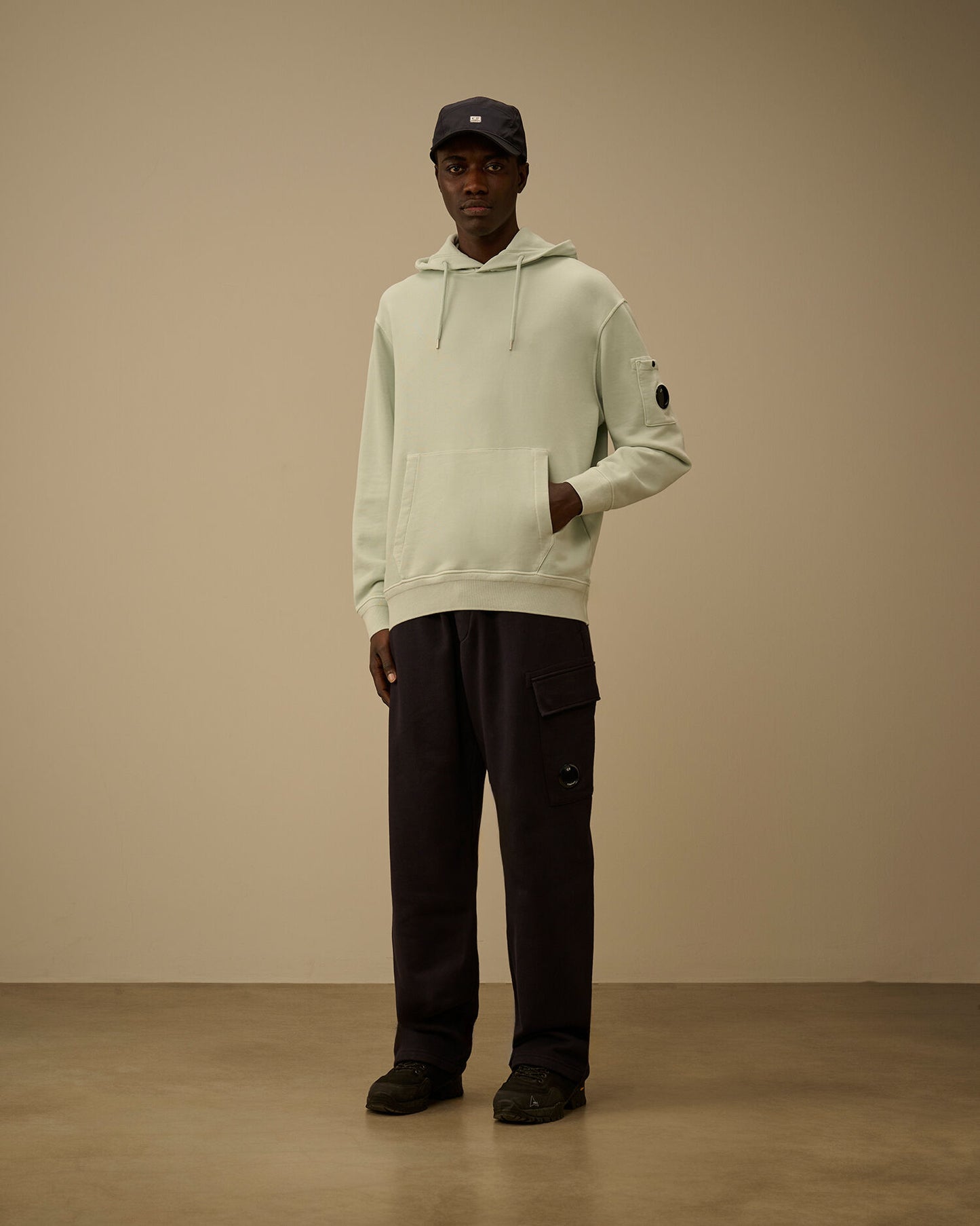 Cotton Diagonal Fleece Hooded Lens Sweatshirt, MISTY BLUE