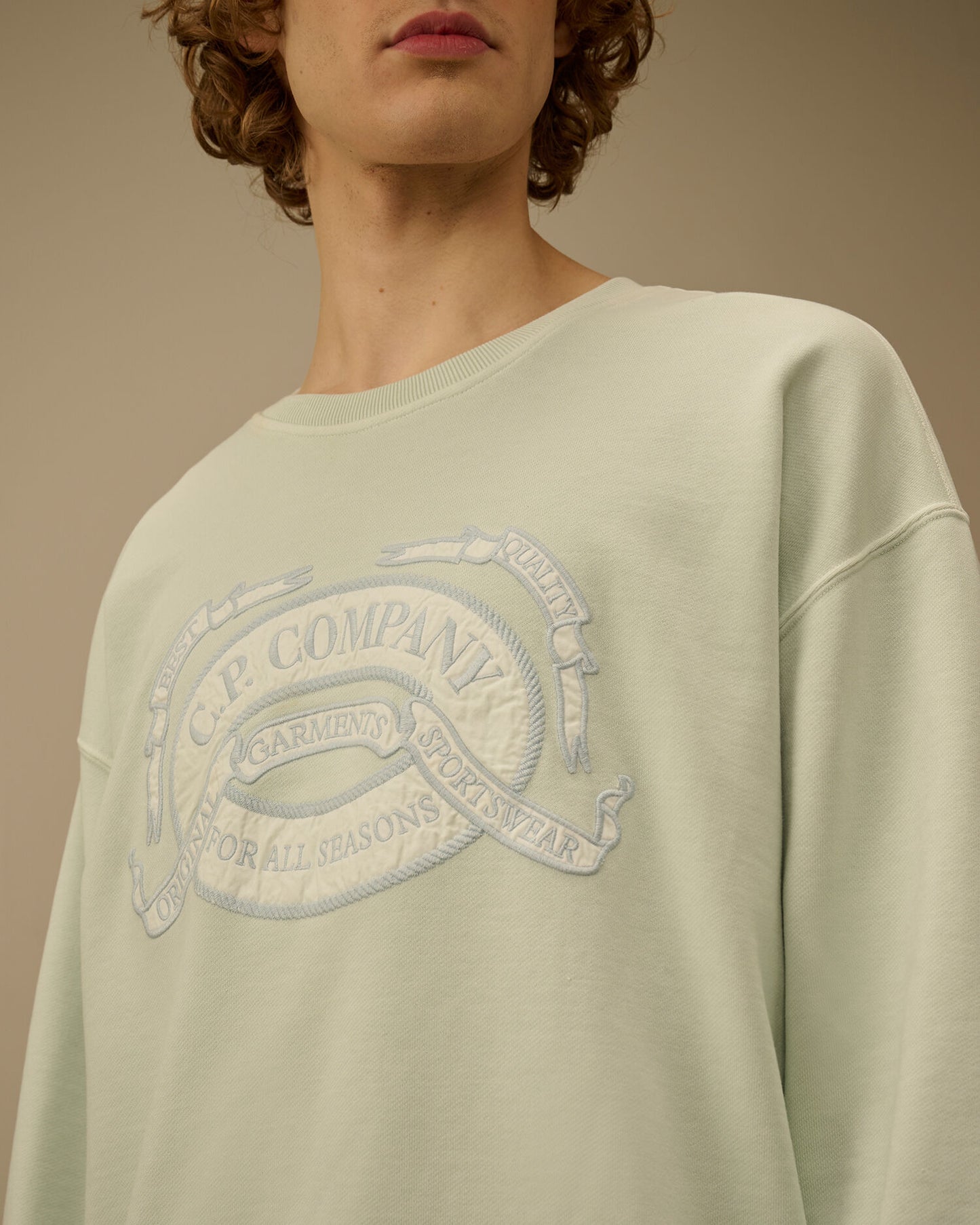 Diagonal Fleece Boxy Logo Crewneck Sweatshirt, MISTY BLUE