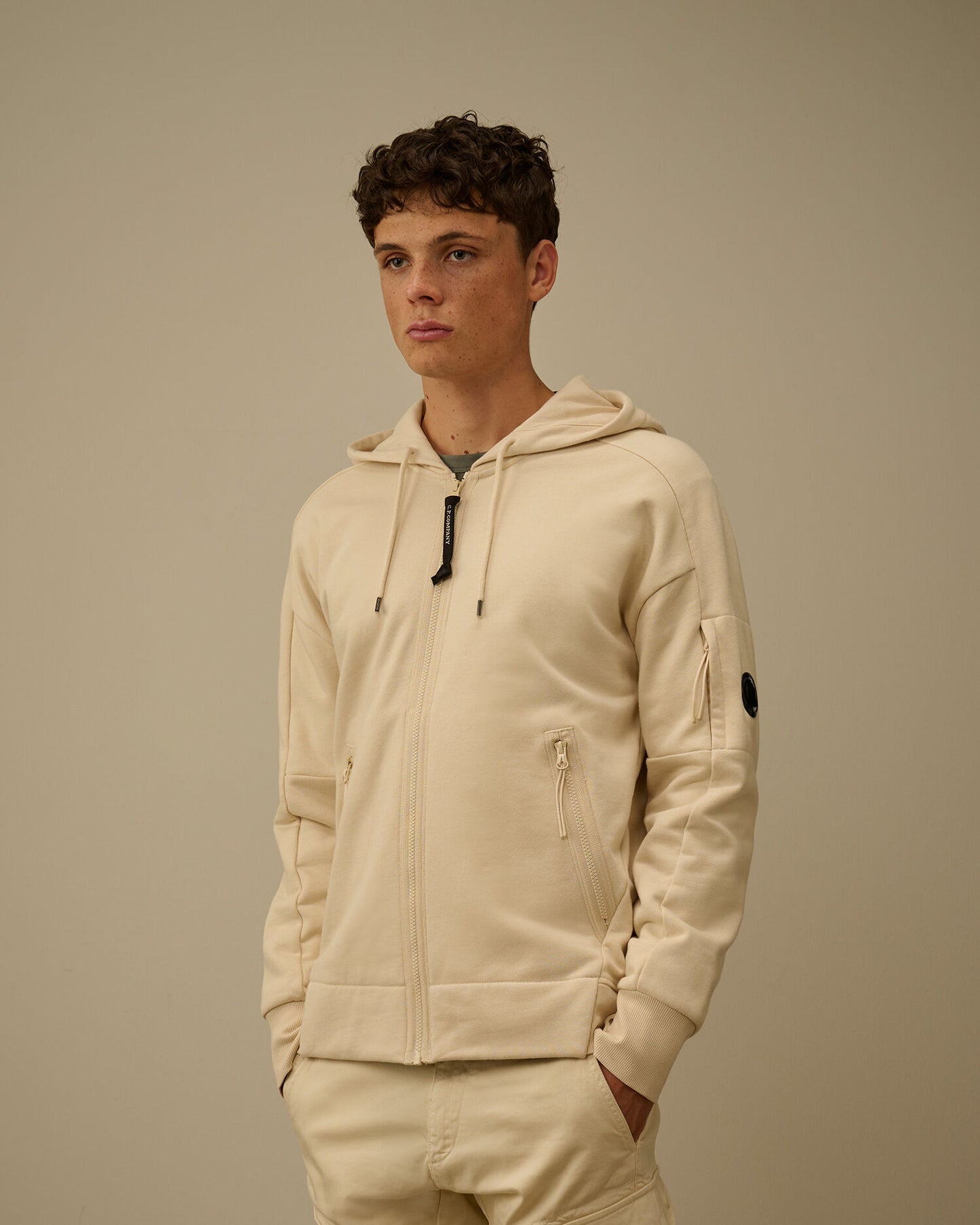 Diagonal Raised Fleece Zip Hooded Lens Sweatshirt, FROZEN DEW - WHITE