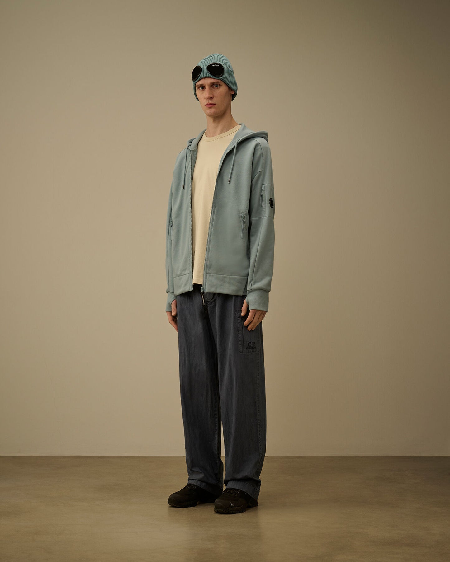 Diagonal Raised Fleece Zip Hooded Lens Sweatshirt, SILVER BLUE