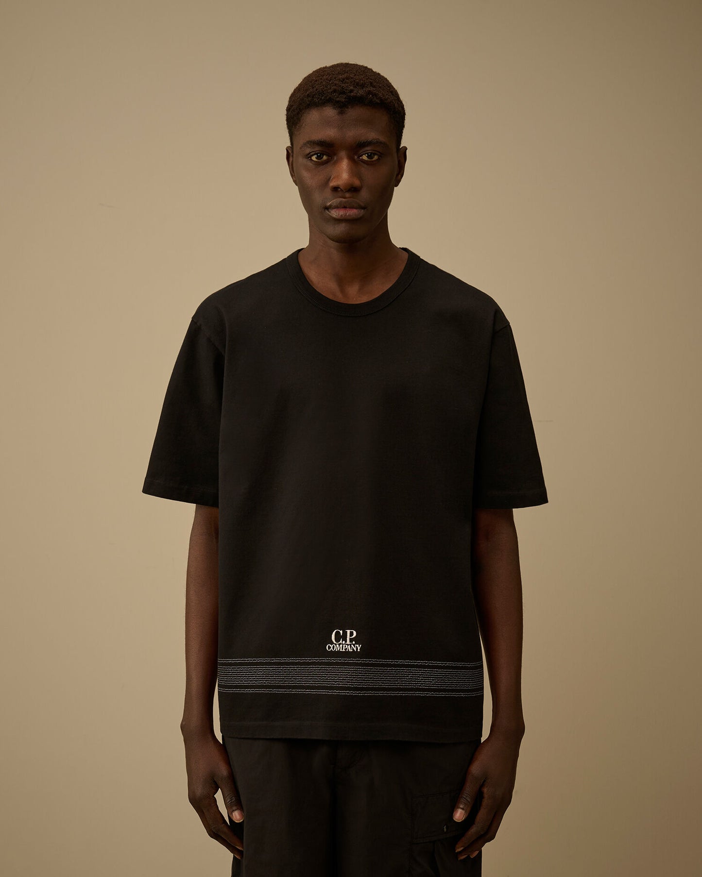Mercerized Jersey 30/2 Twisted Short Sleeve Embroidery T-Shirt, BLACK