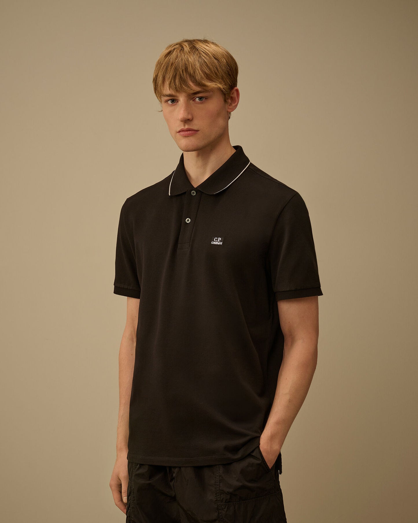 Stretch Piquet Short Sleeve Logo Polo, BLACK