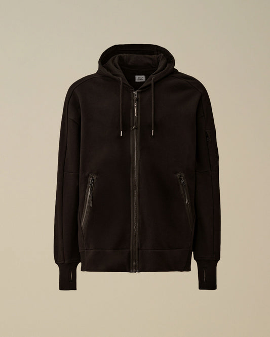 Diagonal Raised Fleece Zip Hooded Lens Sweatshirt, BLACK